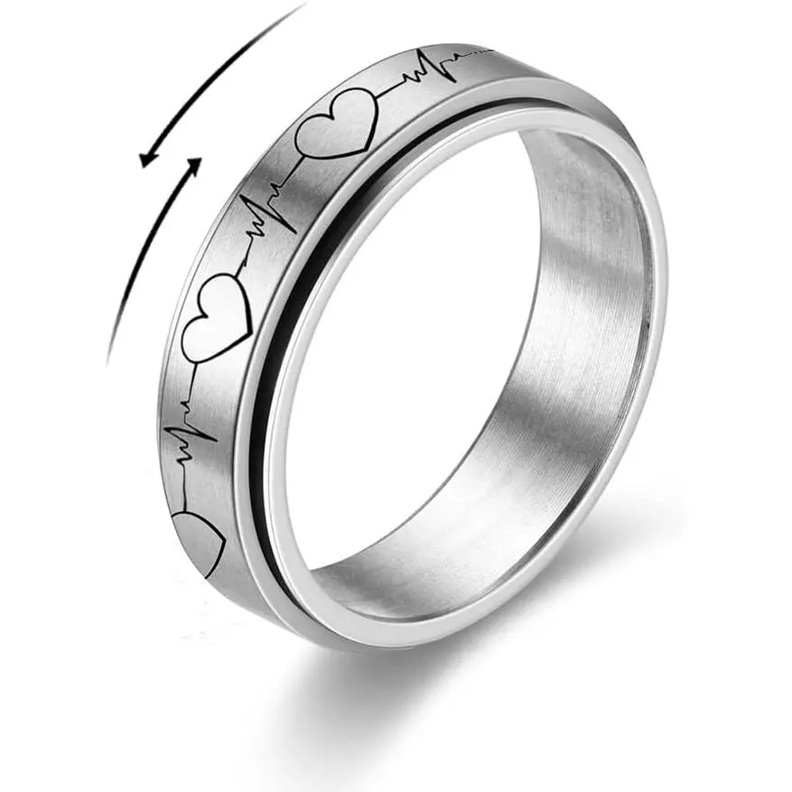 Heartbeat ECG  Fidget Rings for Women Men Stainless Steel Spinner   Middle Finger Band Couple Wedding Matching Anniversary Valentine's Day  Gifts Birthday