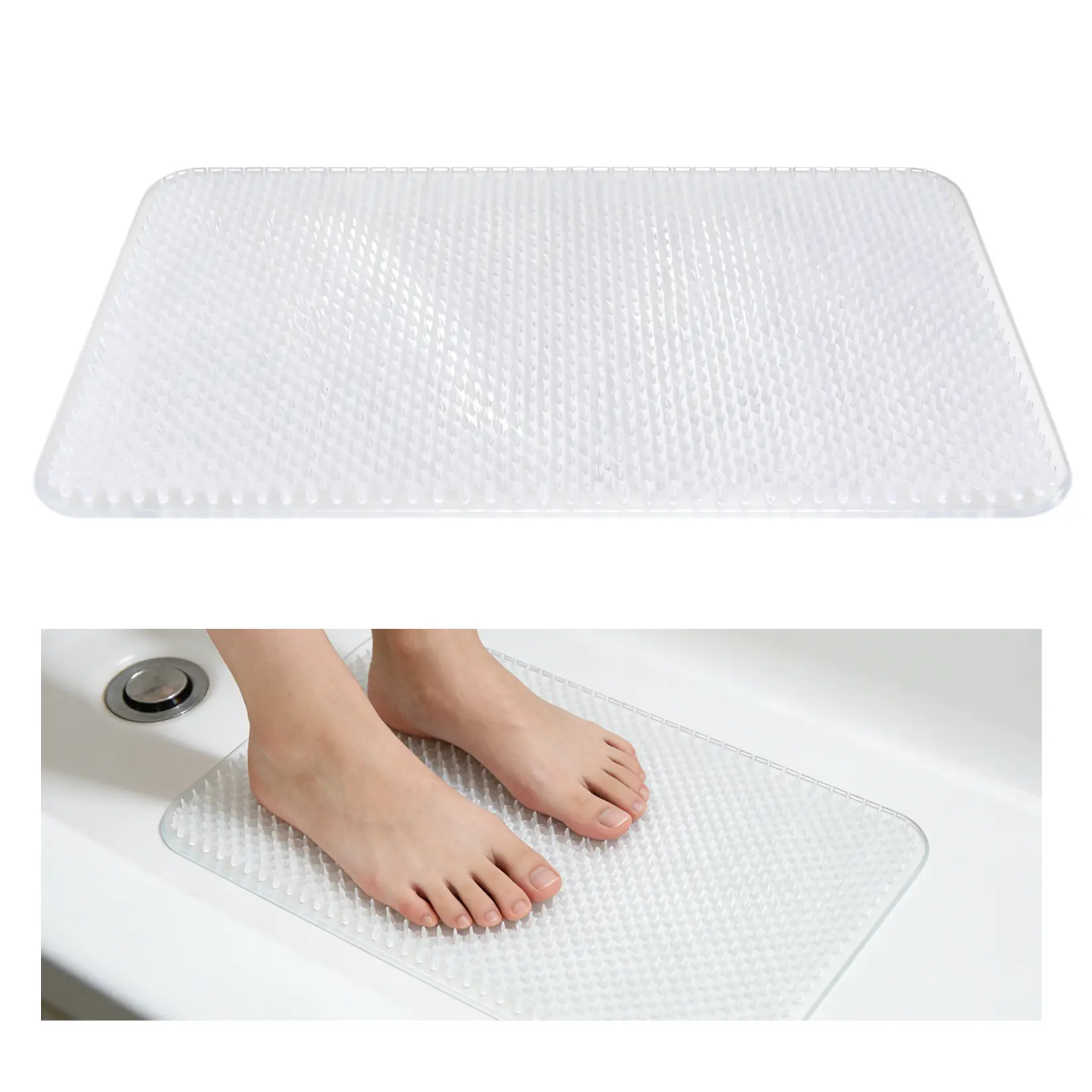 Non-Slip PVC Shower Mat with Soft Bristles, 40×70cm Non-Slip Bath Mat with Drainage Holes, Textured Foot Scrubber Mat for Wet Areas, Crystal Clear ﻿