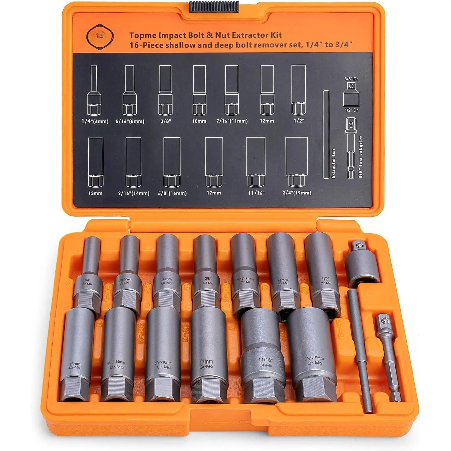 16 count  Bolt & Nut Remover Set, Deep Bolt Extractor Set | Extraction Socket Set for Removing Spark Plug, Damaged Rounded-Off , Nuts, Studs, Threaded Tubes
