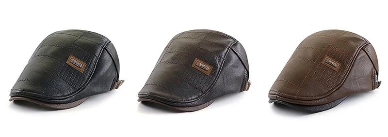 PU Leather Beret Hat Men Autumn Winter Faux Leather Duckbill Newsboy Cap Herringbone Middle-aged Men's Flat Peaked Cap For Dad