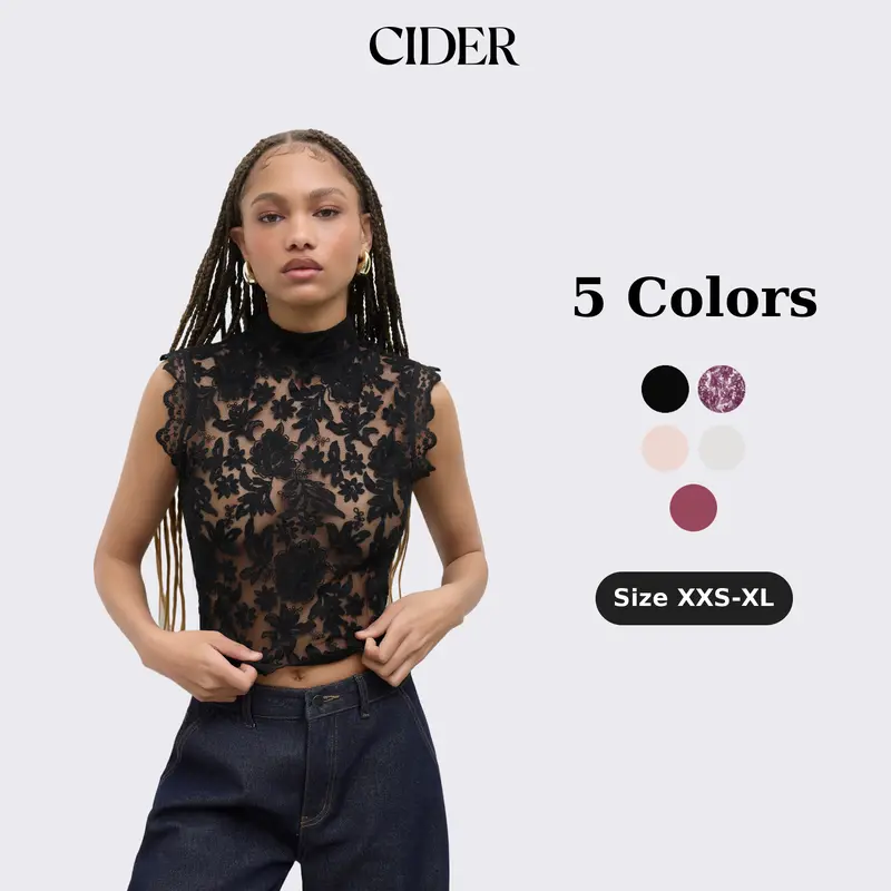 Cider Lace Crop Top with Mandarin Collar – Sheer Floral See -Through Tank, Layering-Friendly for Date Nights & Spring Outfits