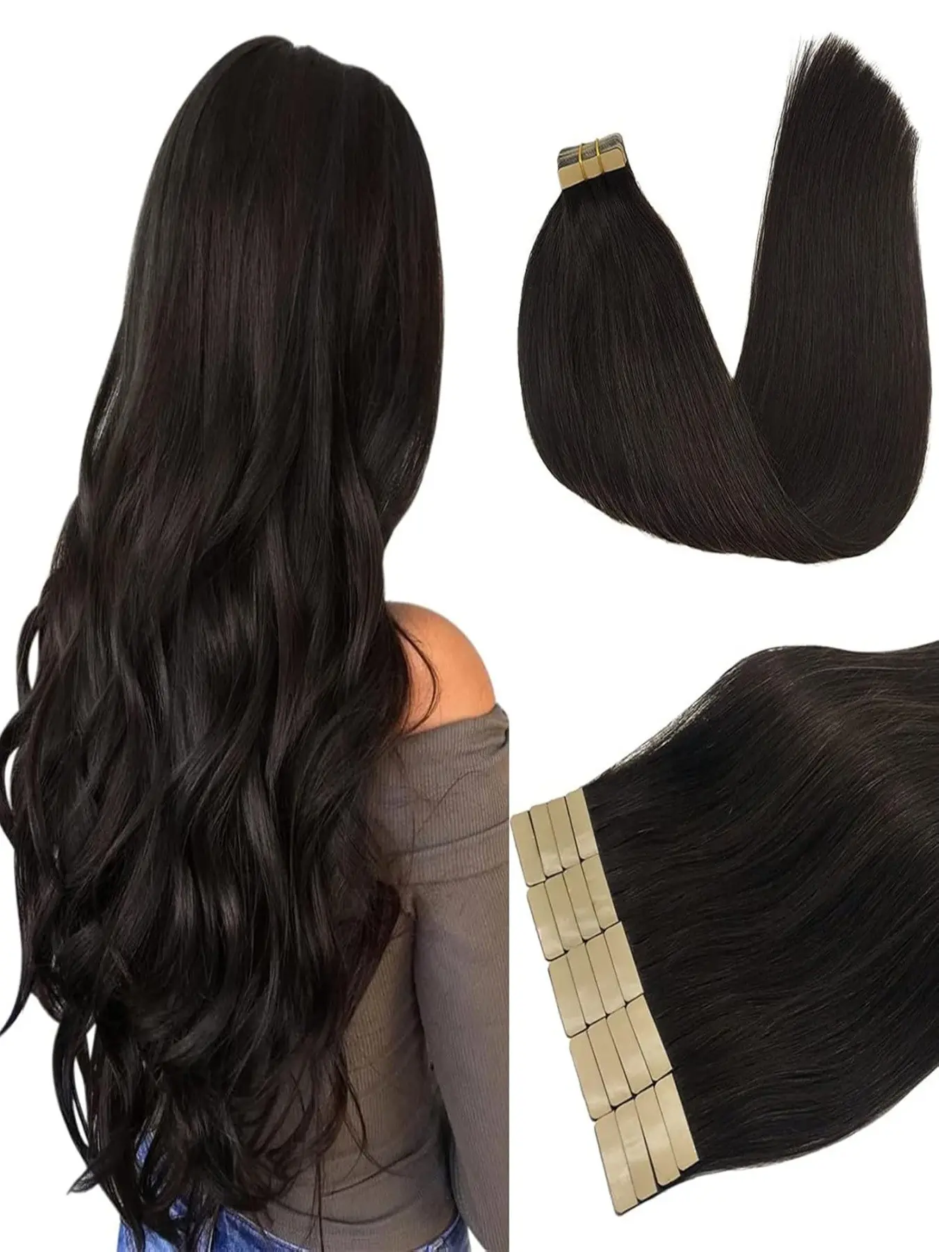 20-inch/50g Tape-in ​​Real Human Hair Extensions, Shade 1B (Natural Black); features an invisible, seamless, and ultra-thin design; premium quality human hair; specially designed for Western women.