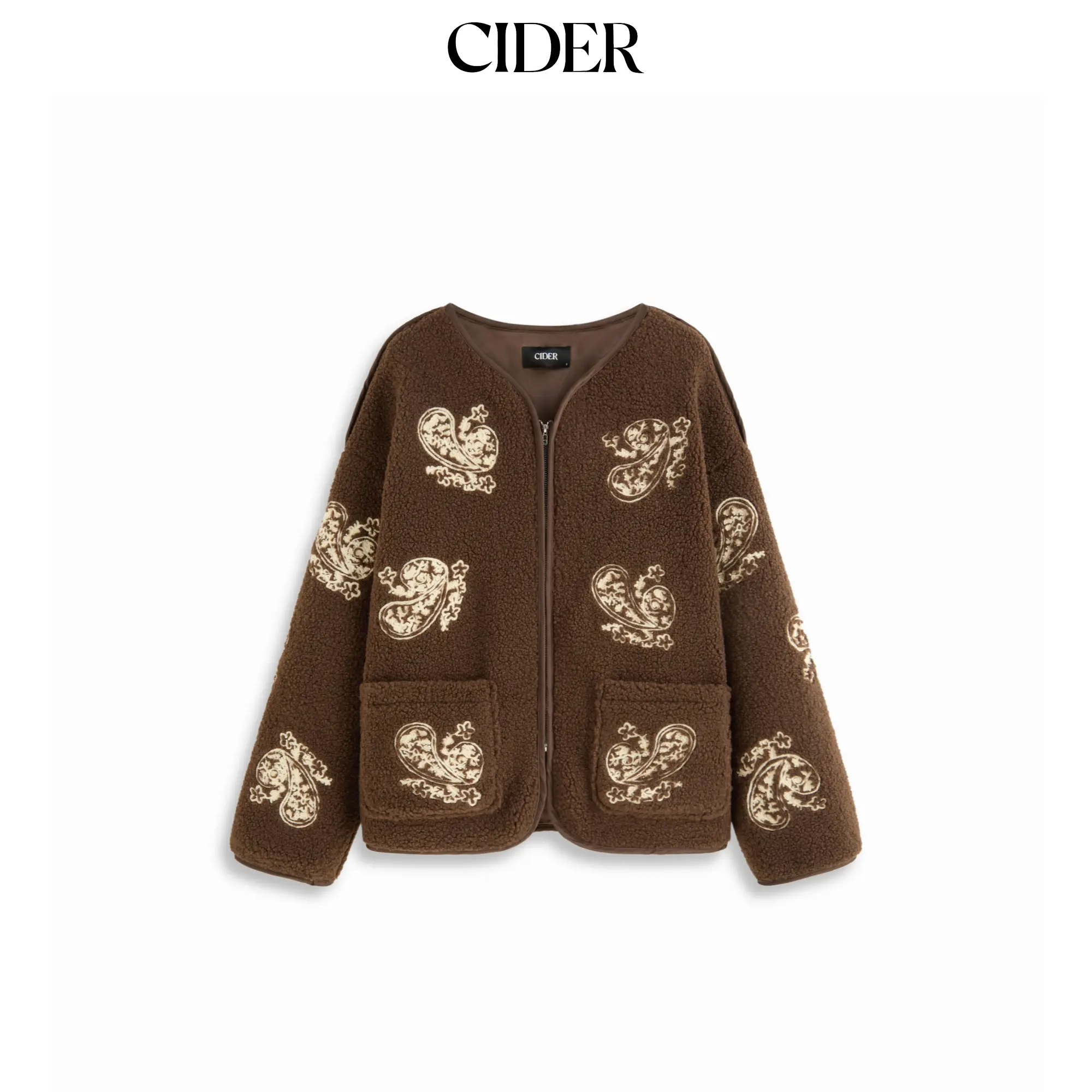 Cider Fleece Round Neckline Paisley Embroidered Jacket SohoChic
