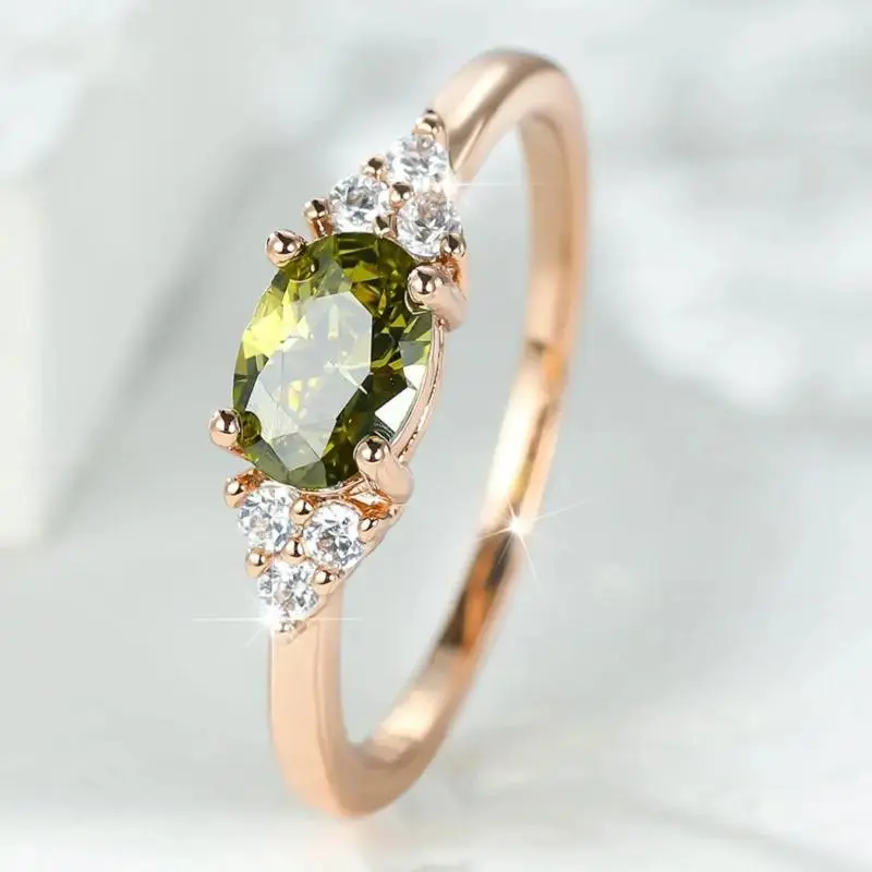 Women Dainty Rose Gold Peridot Birthstone Ring, 4‑Prong Cubic Zirconia Micro Pave Stackable Ring, Minimalist Costume Jewelry Sizes 6‑10, Elegant Meaningful Engagement Daily Gift