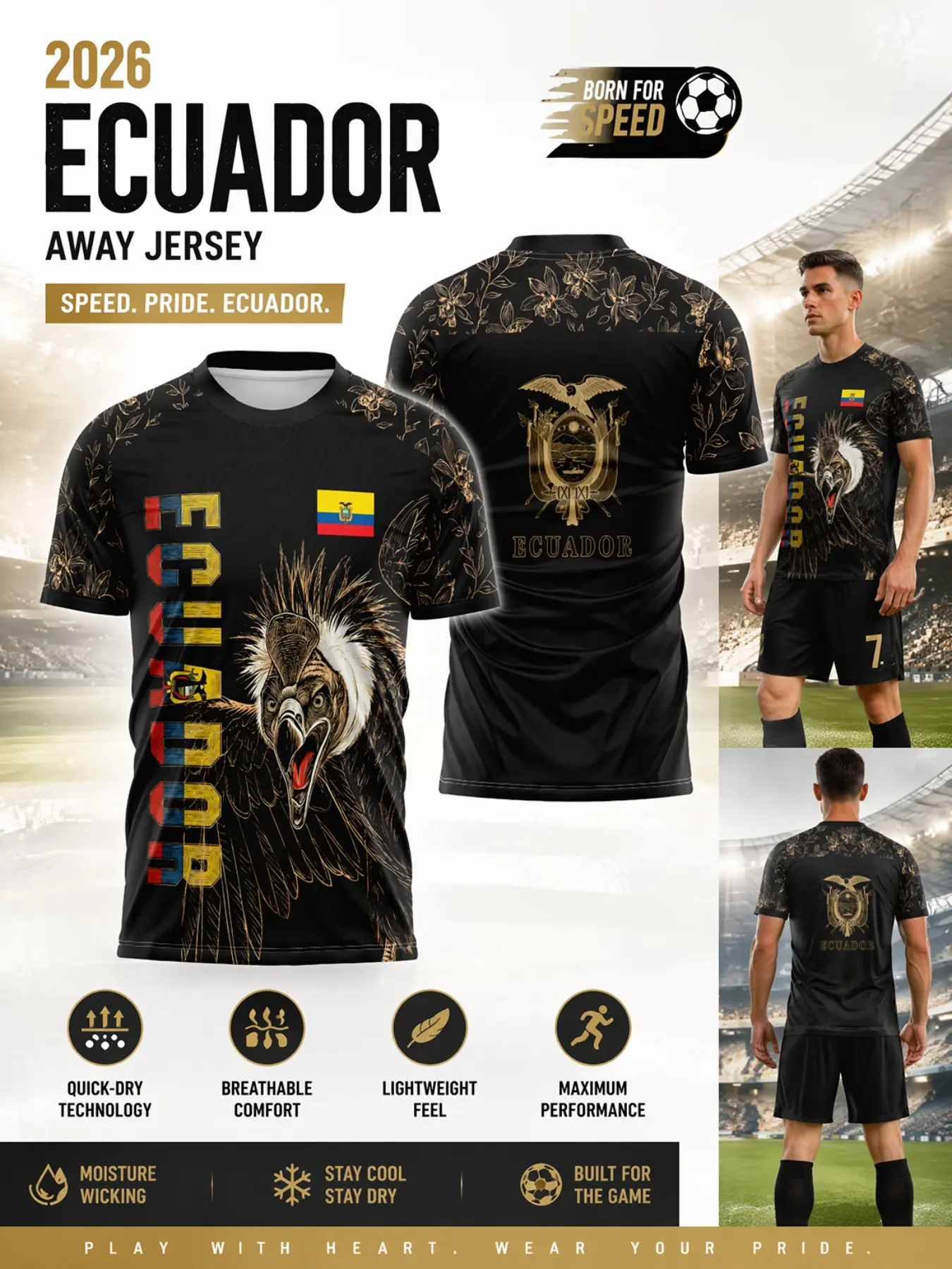 2026 Ecuador Soccer Jersey, Football Shirt, Mesh Tropical Floral Print, Quick-Dry Breathable Lightweight Jersey Sport T-Shirt, Ideal for Fans Training