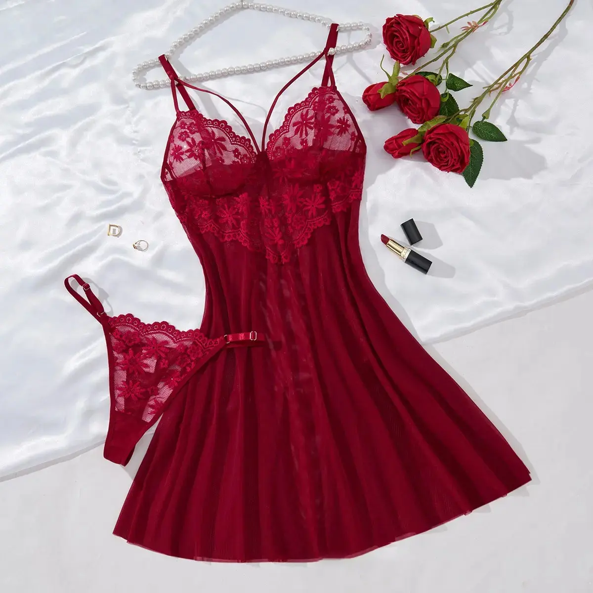 Sexy Lace Mesh Pajama Set – Sheer Floral Halter Nightgown, Ultra-Thin V-Neck Chemise Slip Dress for Women