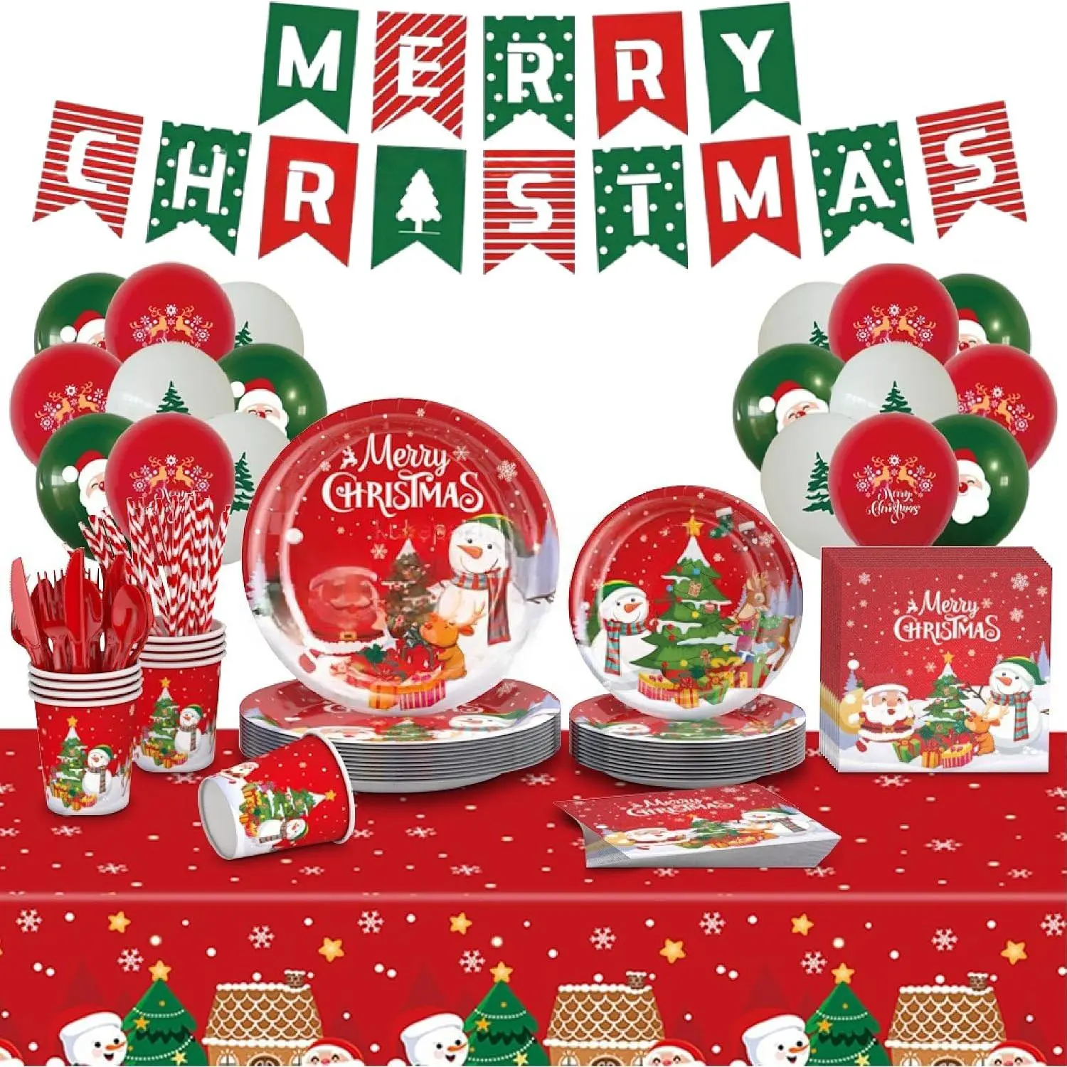 212 count Merry Christmas Party Decorations, Xmas Party Supplies Tableware Set Serves 24, with Plates Napkins Cups Fork  Spoon Tablecloth Banner Ballon, Santa Themed Disposable Dinnerware