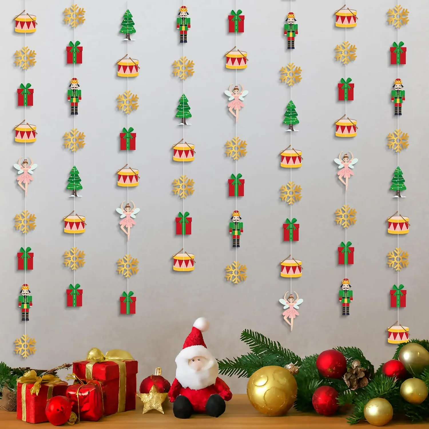 Large 8-String Christmas Garland Set - 6.5ft No-DIY Multi-Color Modern Festive Decor, Nutcracker & Snowflakes Accents for Indoor Wall & Window Christmas Backdrop