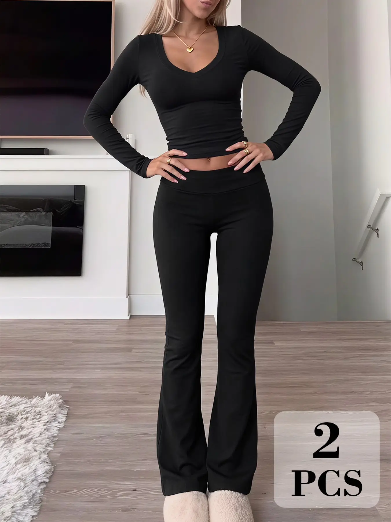 Women 2Pcs Solid V Neck Ruched Long Sleeve Top & High Waist Flare Flared Pants Set, Soft Stretch Slim Fit Minimalist Daily Matching Outfit