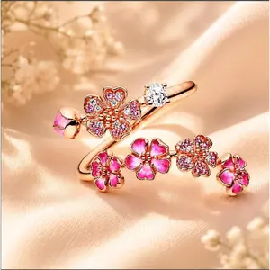 Silver rose gold peach blossom enamel ring, with sparkling crystal adjustable opening ring, exquisite floral-style women's jewelry,suitable for wedding parties, beach vacations, daily dates, and birthday gifts. A great item for giving,womens gifts.