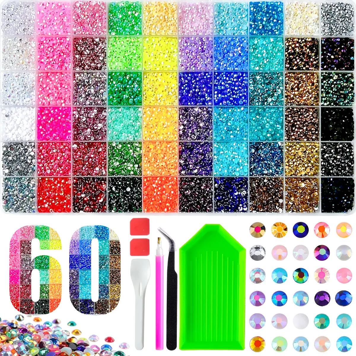 60 Rainbow Resin Rhinestone Set, DIY Nail Art Kit, Multicolor Ab Water Drills, Includes Glue, Drill Pen, Tweezers, Nail Art Rhinestones 、 Flatback Crystals 、 with Adhesive Glue 、 Diamond Painting，Perfect for Beginners
