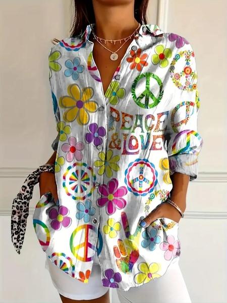 Women's Bohemian Style Printed Long Sleeve Shirt, Vibrant Peace Love Design, Casual Button Up for All Seasons
