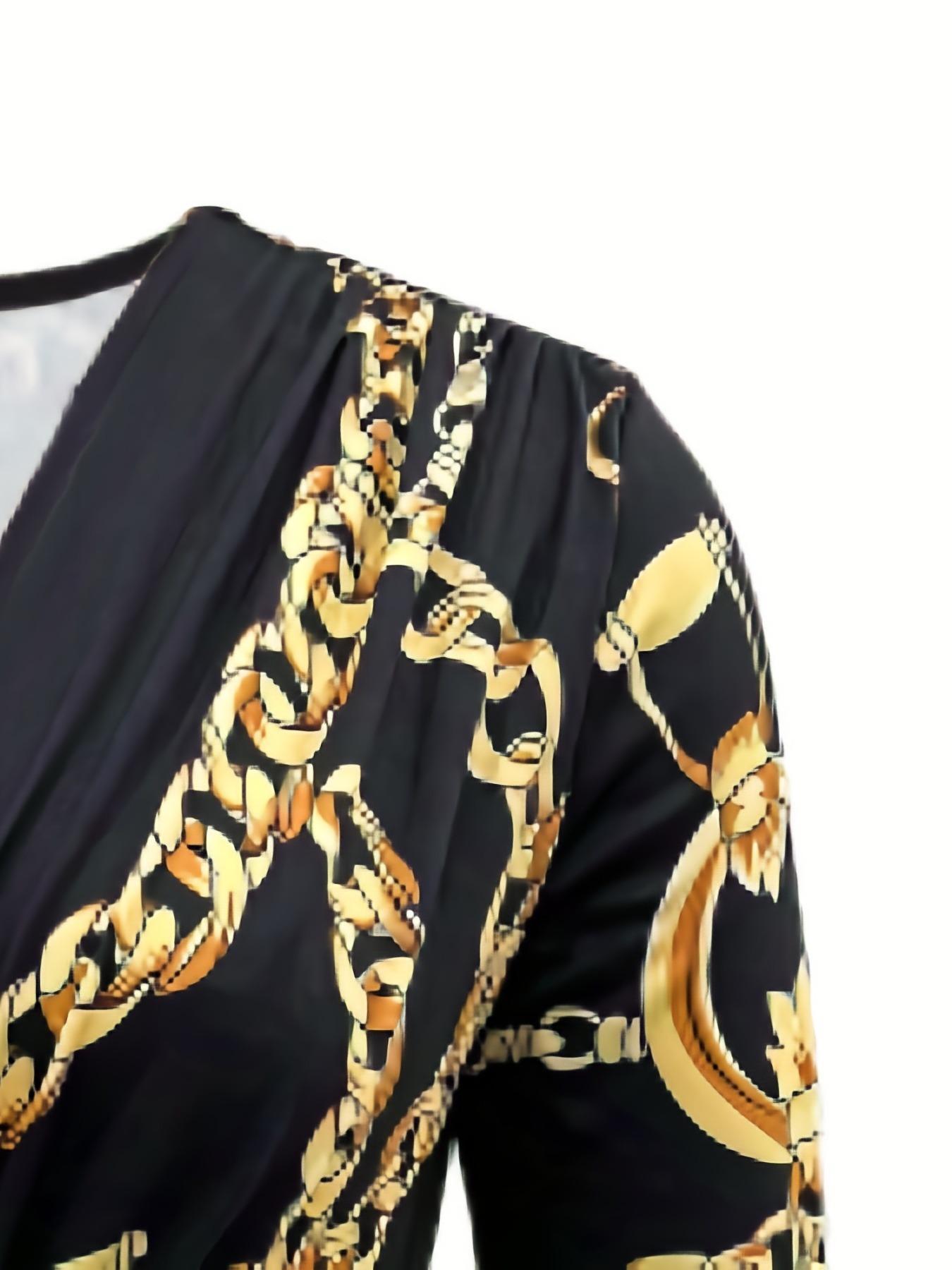 Women's Chic Chain Print Twist Ruched Bodycon Dress, Elegant Fashion Formal Longsleeves V Neck Short Dress for Party, Homecoming Dresses, Dresses for Women, Women Dress for Spring Fall, Vintage Girly Clothes, Evening Party Dresses, Womenswear