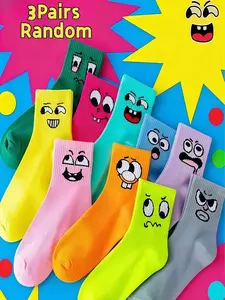 3 Pairs Random Cartoon Print Ankle Socks, Cute Soft Crew Socks, Unisex Streetwear Essential, Trendy Candy Color Socks for Students