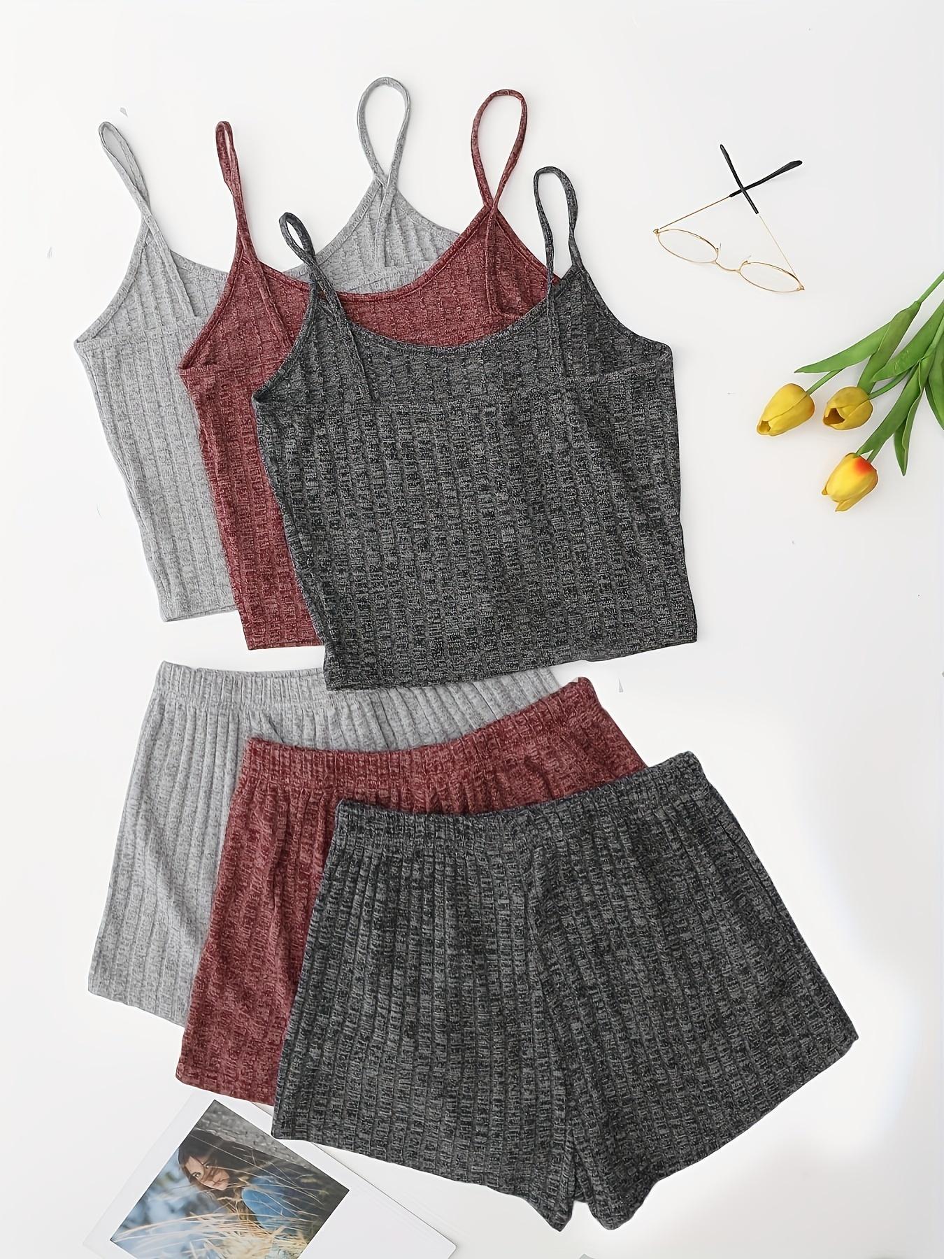Women's Plain Knitted Stretchy Crop Cami Top & Tie Front Shorts Set, Summer Clothes, Casual Camisole & Shorts Set for Summer, Women's Clothes