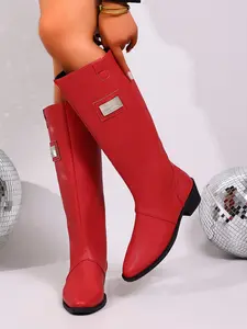 Women's Bright Glitter Knee High Riding Boots, Pointed Toe Low Block Heel, Faux Leather Pull On, Western Cowboy Boots for Fall Party