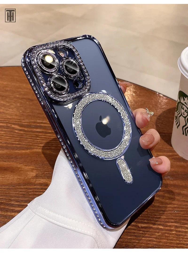 Luxury Bling Crystal Lens Film Phone Case For iPhone 15 11 12 13 14 Pro Max Plus Magsafe Magnetic Wireless Charging Clear Cover