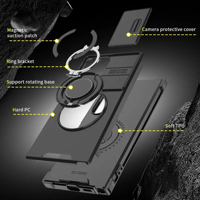 StarTU Magnetic Protective Cellphone Case for Samsung Galaxy S26-S25-S24-S23-S22-S21, Shockproof Rugged Casing Accessory with Slide Camera Lens Cover, 360° Rotating Ring Holder, Screen Protector