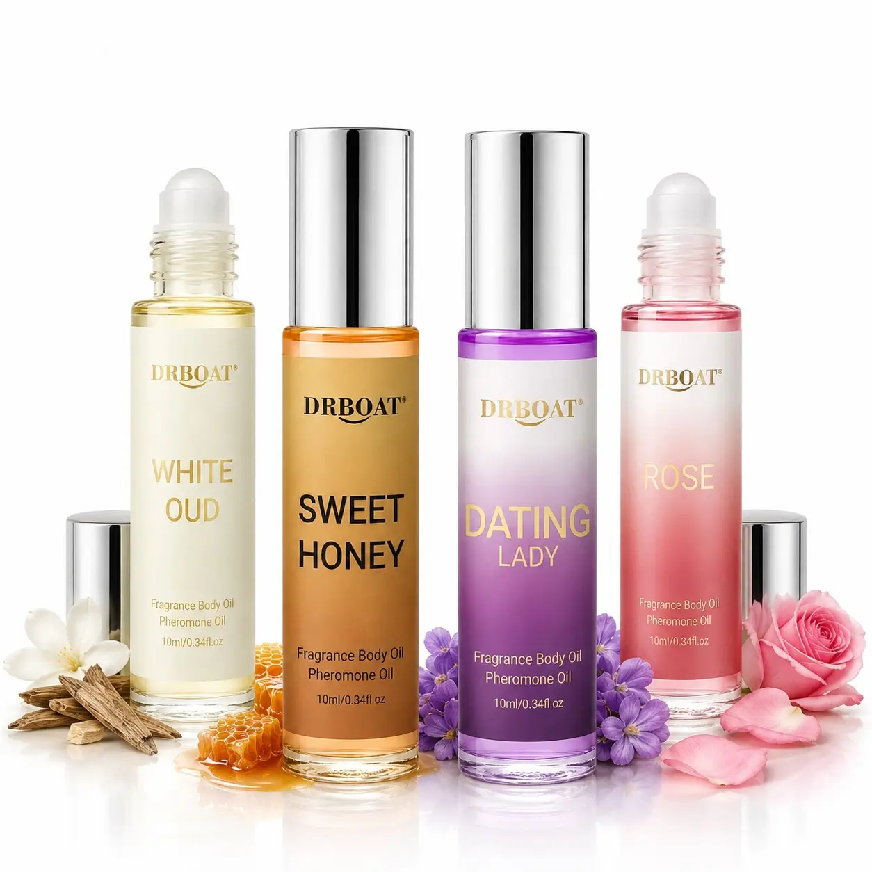 Pheromone Perfume Combo - Luxury Collection, Set of 4 10ml Includes HONEY OUD - NIGHT DATING - WHITE OUD - NIGHT ROSE | Gift Set for Car Air Freshener.