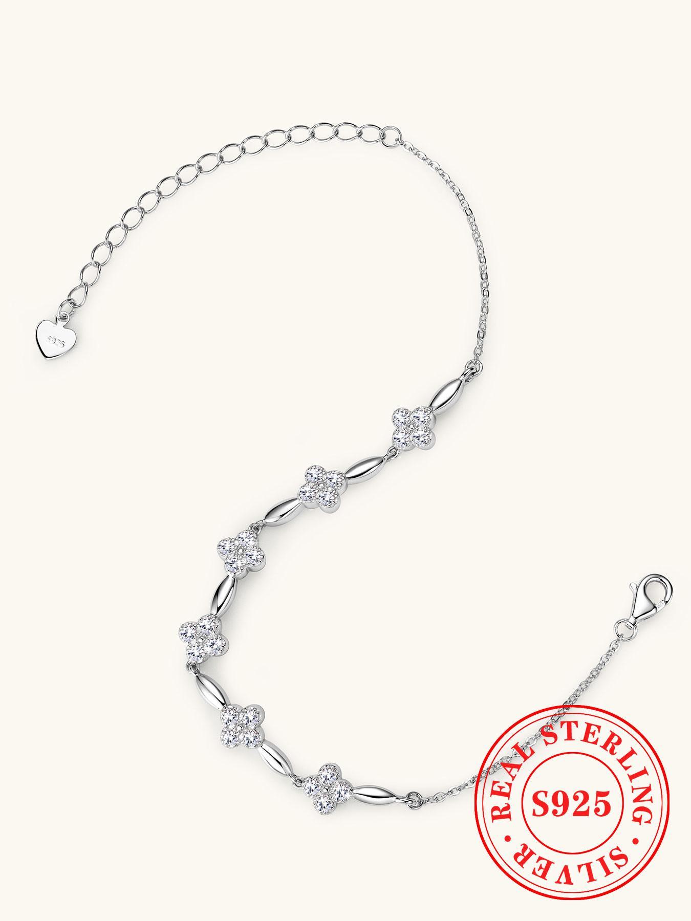 S925 Sterling Silver Flower Design Lobster Closure Bracelet, High Quality Bracelet, Fashionable Synthetic Moissanite Decorated Bracelet for Women & Girls, Trendy All-match & Exquisite Jewelry for Birthday Gift