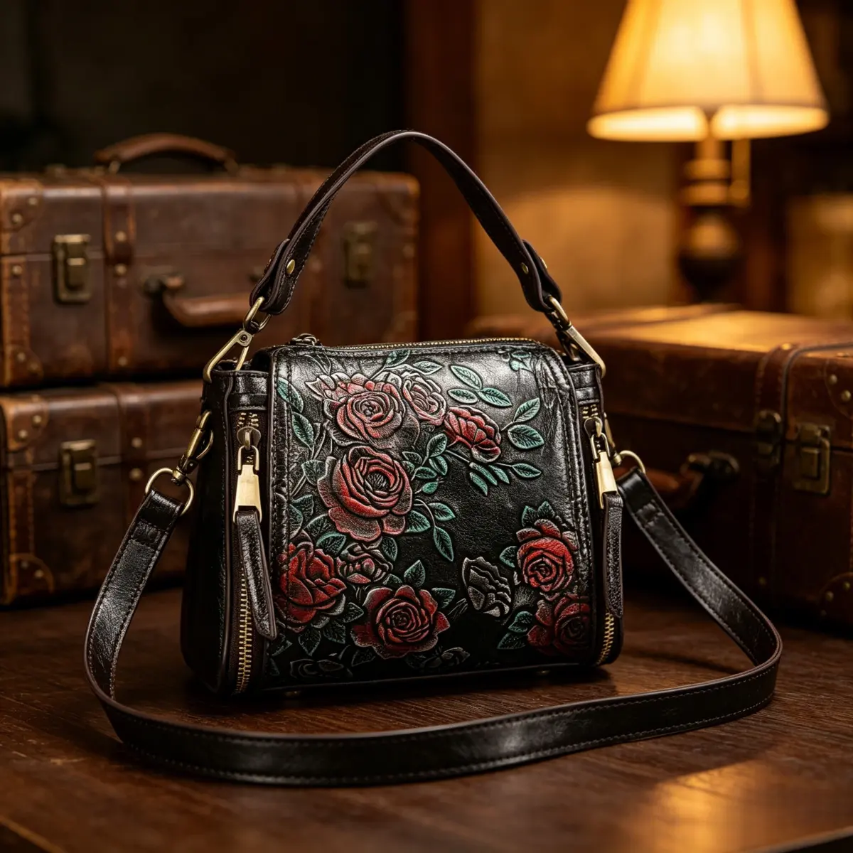 Women's Retro Crossbody Bucket Bag in Genuine Cow Hide Leather, Casual Purse with Hand-Painted Embossed Rose Floral, Zip Top, Top Handle & Adjustable Strap