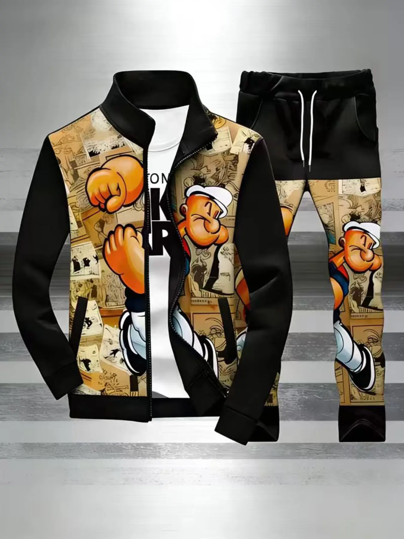 Men's Retro Cartoon Popeye Print Tracksuit, Stand Collar Zipper Jacket with Jogger Pants, Nostalgic Comic Strip Pattern, Street Style Casual Two-Piece Set, Athleisure Tracksuit