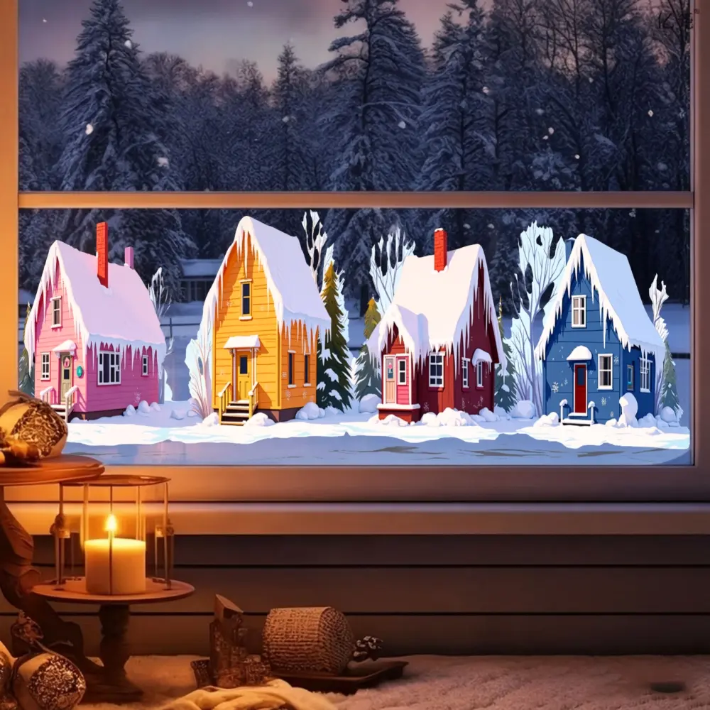 1Pc Cartoon Style Colorful Snowy Village Houses Static Cling Window Sticker Winter Christmas Scene For Home Living Room Bedroom Glass Decoration Removable Frost Free Privacy Film