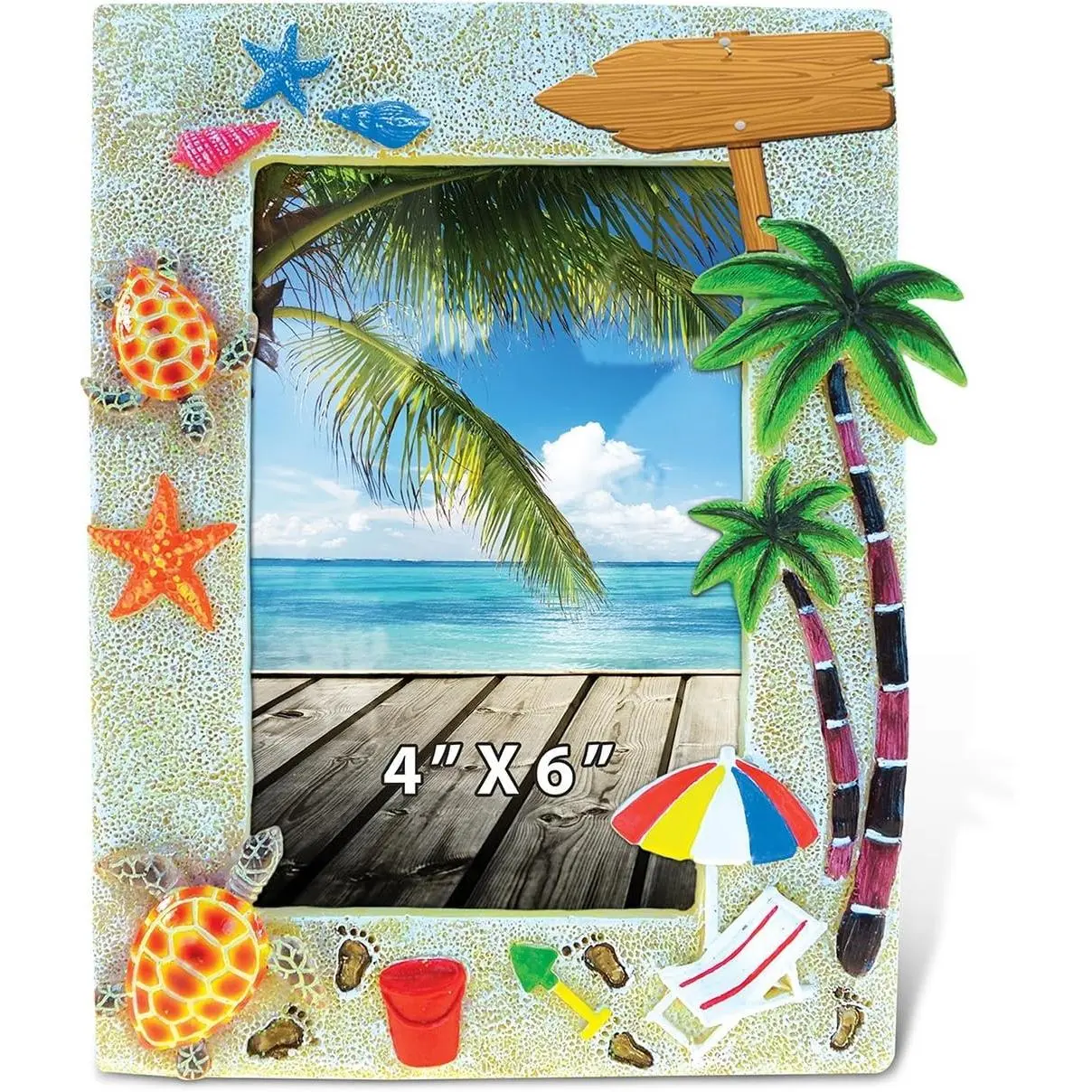 Single Handmade Resin 4 x 6 in Coastal Beach "Sunny Beach" Sculptural Picture Frame - Intricate Detailing, Tabletop Accent, Coastal Motifs Photo Holder for Home Decor