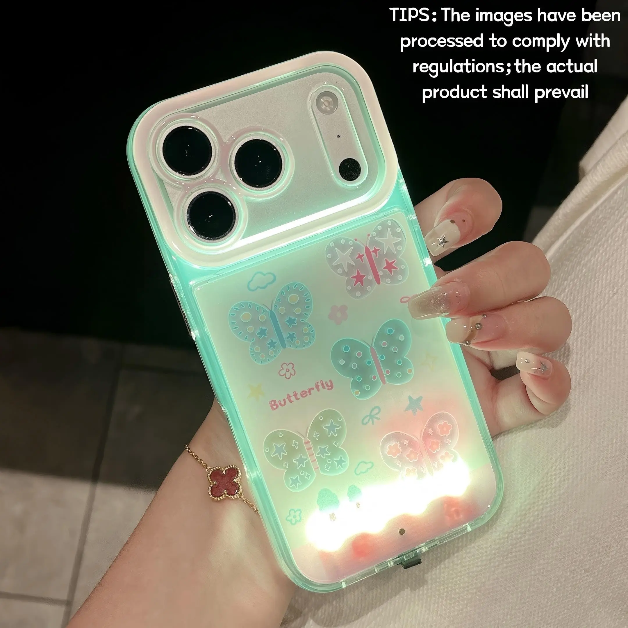 Voice-controlled LED luminous transparent butterfly phone case, personalized unique call light design, for iPhone x/xr/xsmax/11/12/13/14/15/16/17 Pro/Pro Max/Plus, healing fresh spring and summer ambiance, fashionable protective cover