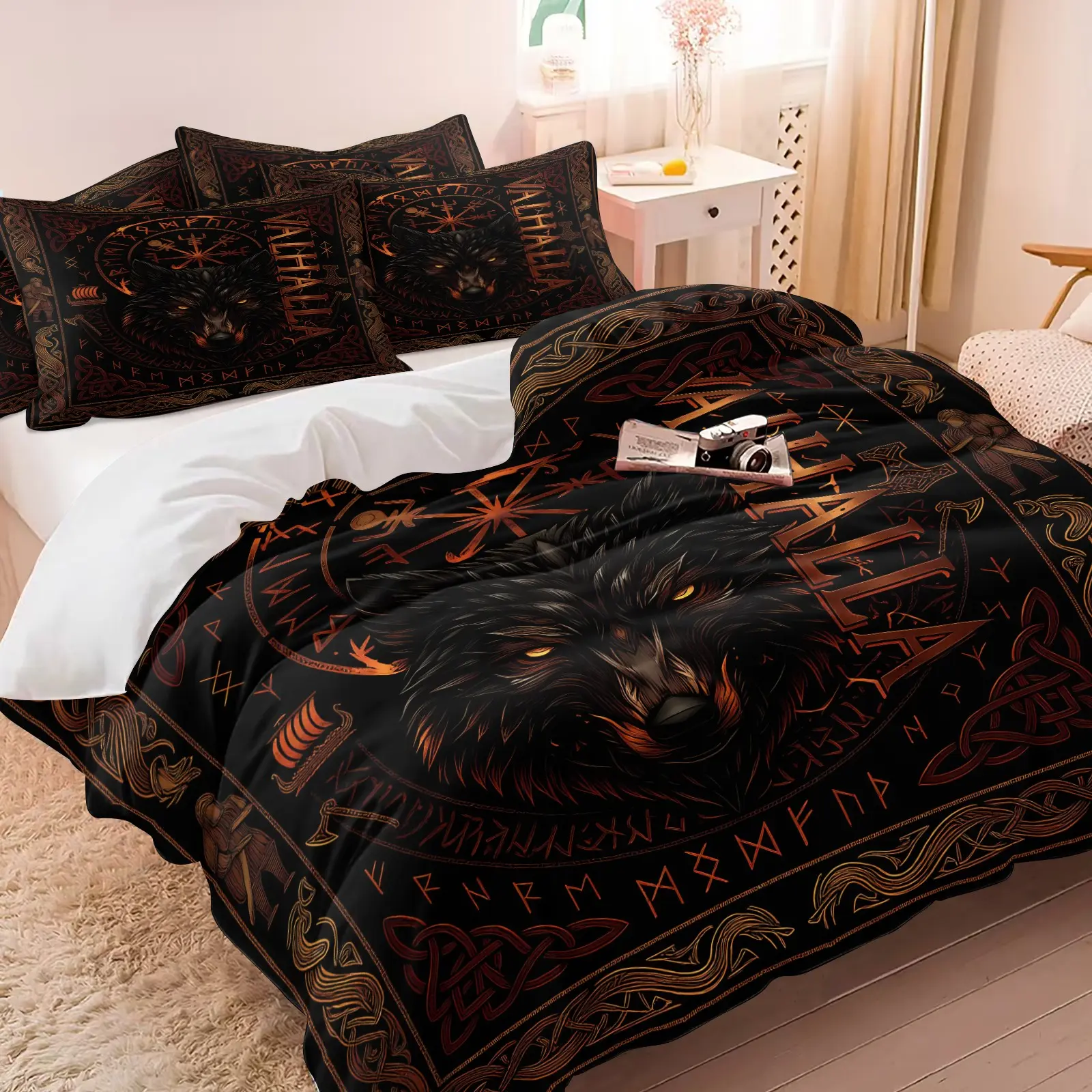 Viking Wolf Norse Rune Duvet Cover Set, Vintage Valhalla Themed Bedding Set, Unique Print, 1 Duvet Cover & 1/2 Pillowcase No Filling, Soft Microfiber Bed Cover, Cool Gothic for Men Viking Culture Fans Bedroom Home Decor