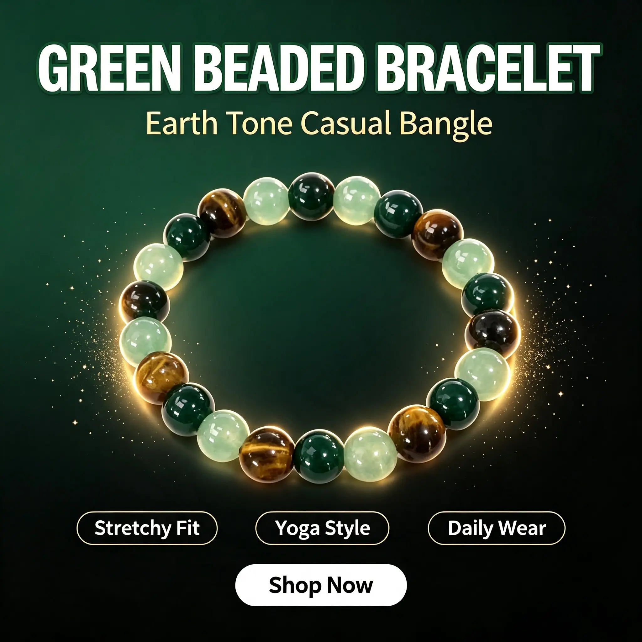 lucky gift Unisex Green Beaded Natural Stone Bracelet - Earth Tone Stretchy Bangle, Yoga Style Costume Jewelry for Everyday Wear