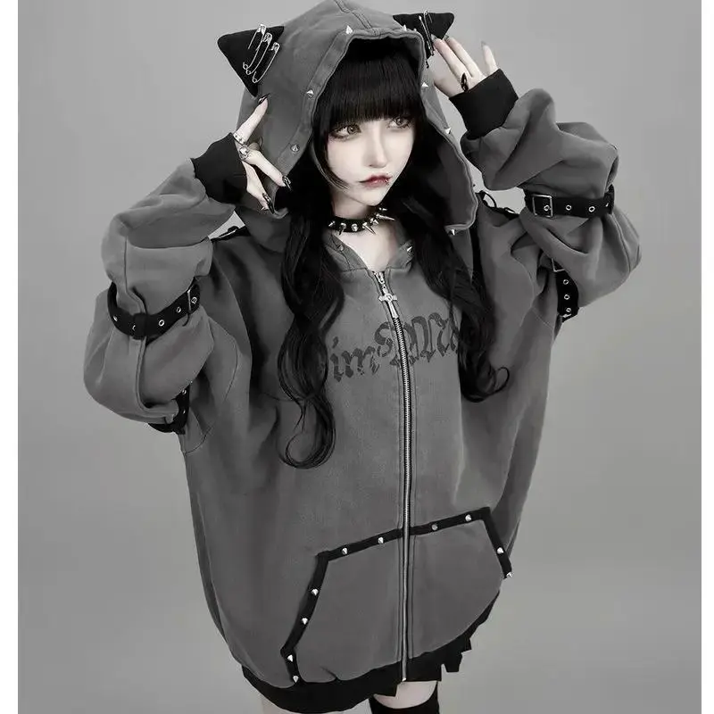 Punk Hoodies Women Grunge Y2k Aesthetic Letter Print Loose Pocket Oversized Hoody Harajuku Casual Streetwear Zipper Sweatshirts Fishnet Pieces