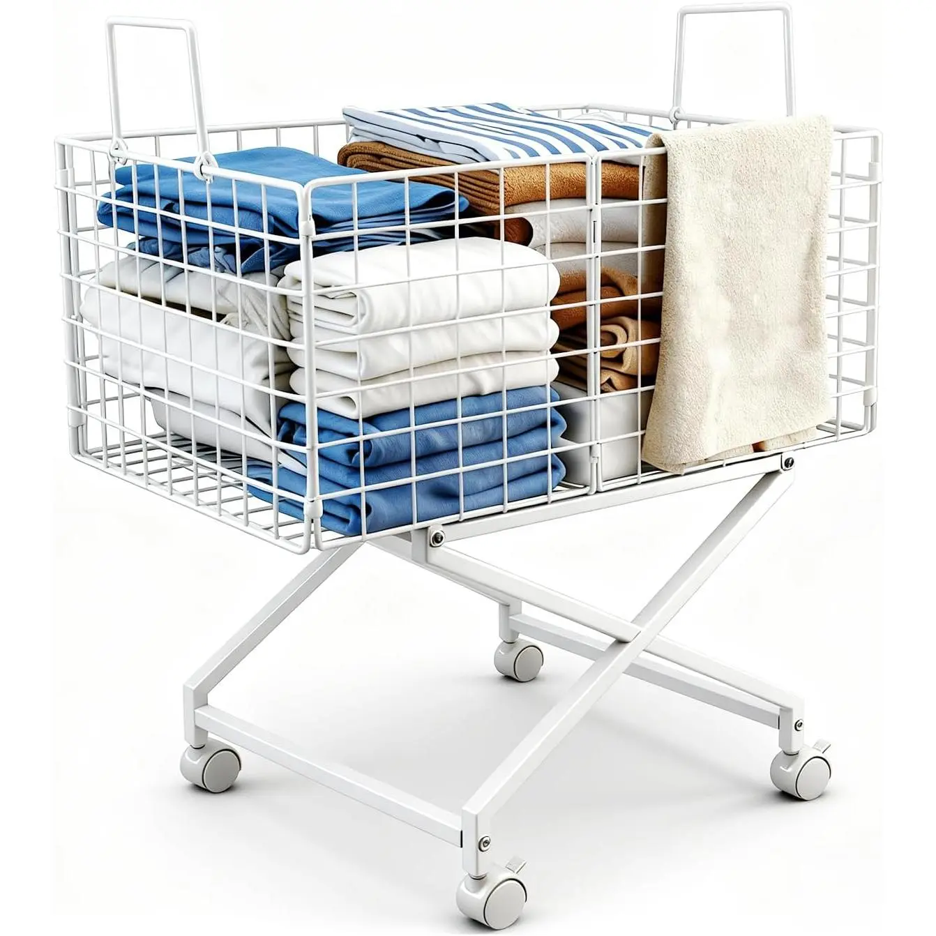 Rolling Laundry Basket with Wheels - 27" Elevated Wire Laundry Hamper, 80L Sturdy Metal Laundry Cart, 10-Min 8-Screw Assembly,  No-Bending Mobile Clothes Bin for Laundry Room (White)