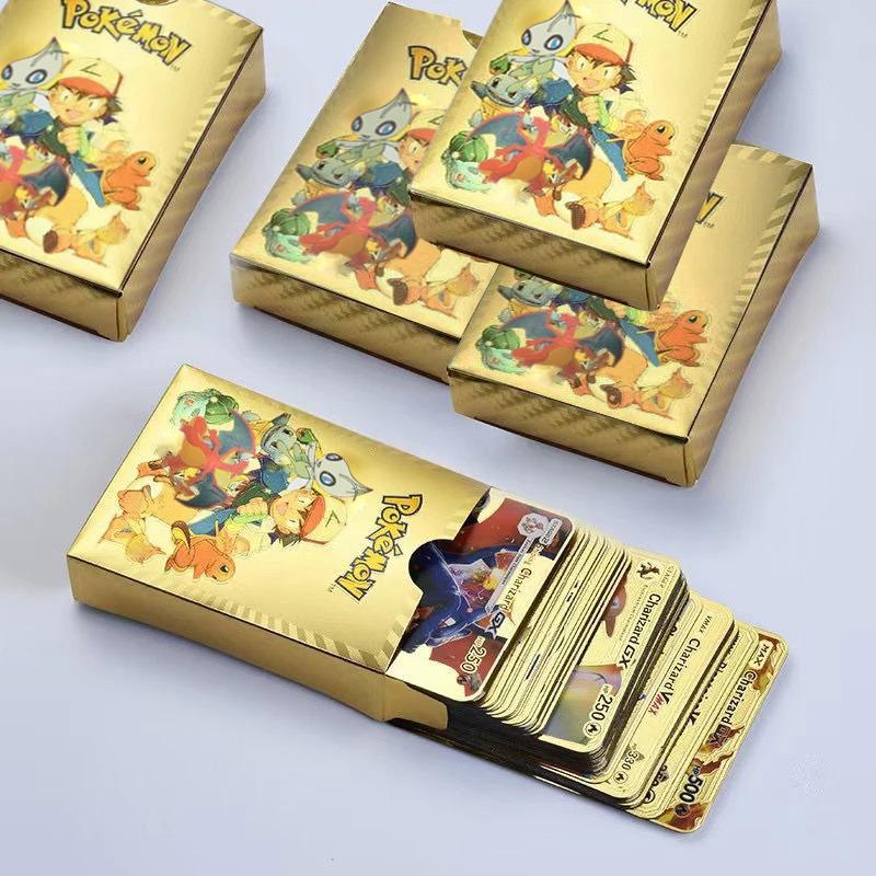 55PCS Pokemon Cards Gold Black Vmax GX Spanish English Charizard Card Box Mewtwo Rare Collection Battle Trainer Charizard Arceus Colour Pokemon Pikachu Card Children Toys Gifts