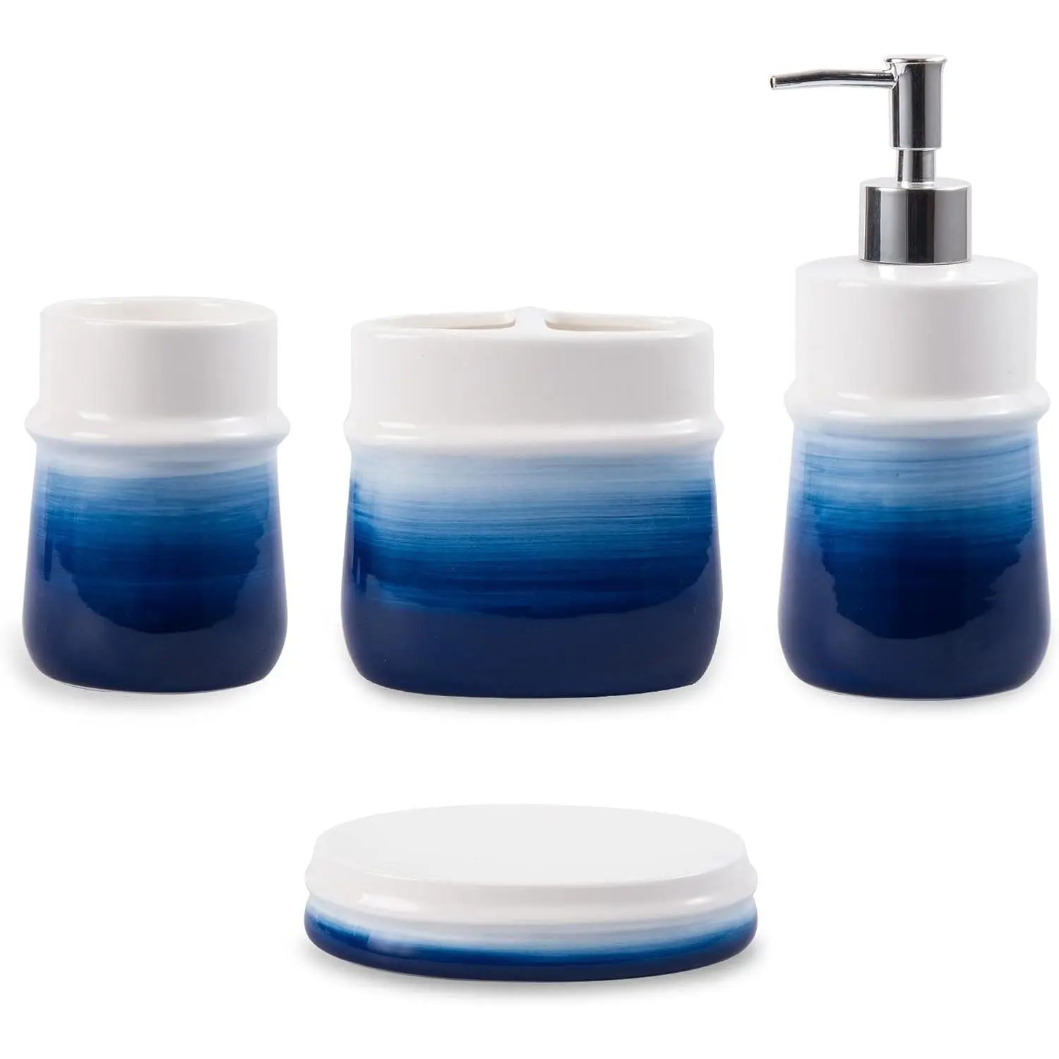 Navy Blue Bohemian Ceramic Bathroom Accessory Set (4-Piece) - Leak-Proof Pump Soap Dispenser, Toothbrush Cup, Soap Dish, Tumbler - Ideal Gift for Bathroom Decor, Hand