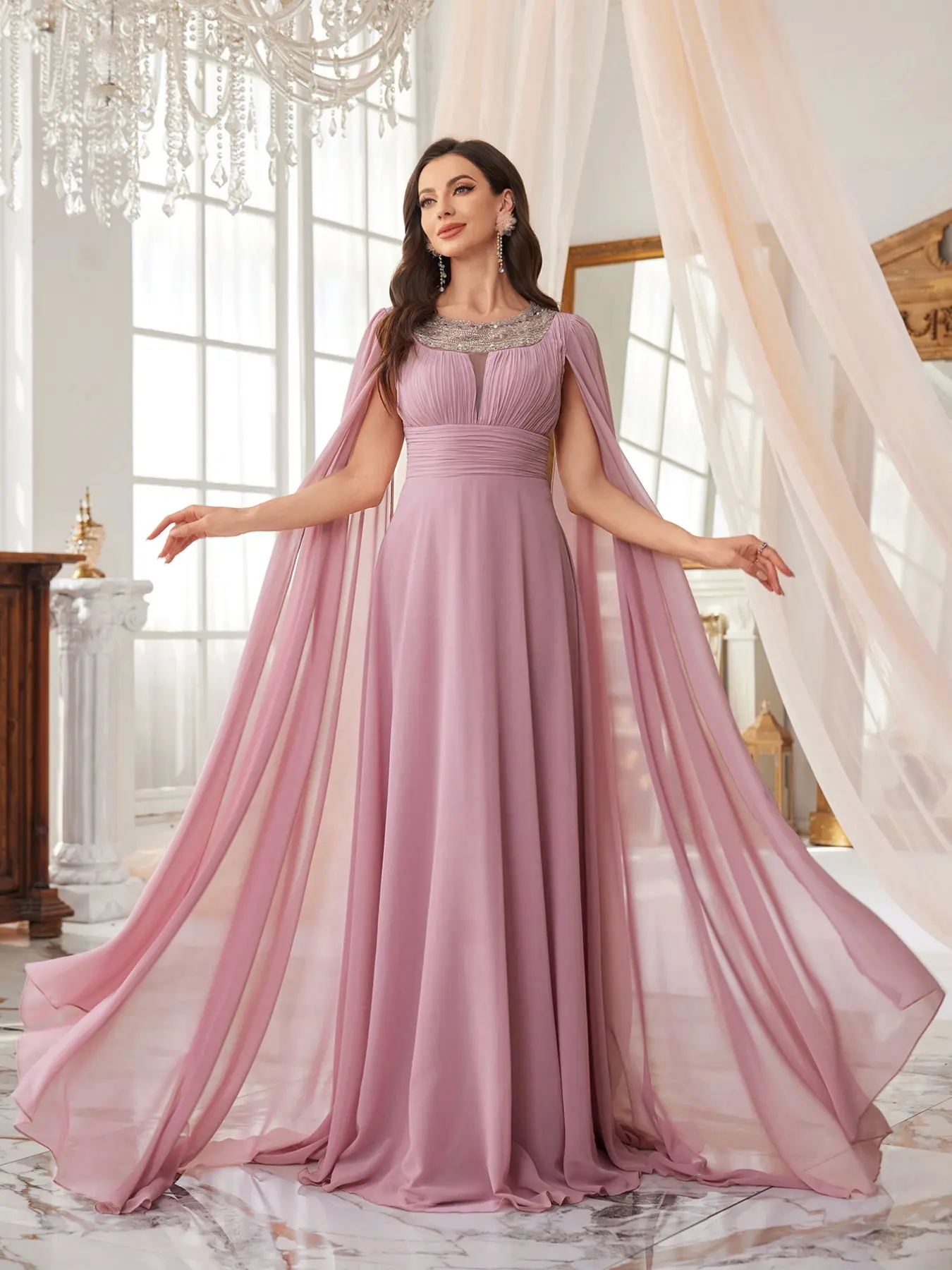 Unithorse Women’s Chiffon Evening Dress, Elegant Long Sleeve, Plain Pattern, High Waist, Ruched Design, Perfect for All Seasons