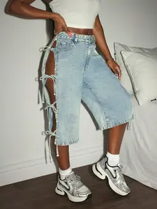 Women's Casual Slim-Fit Denim Seven-Quarter Pants, Spring Summer Fashion, Side Cut-Out Tie Design, Daily Wear, All Seasons