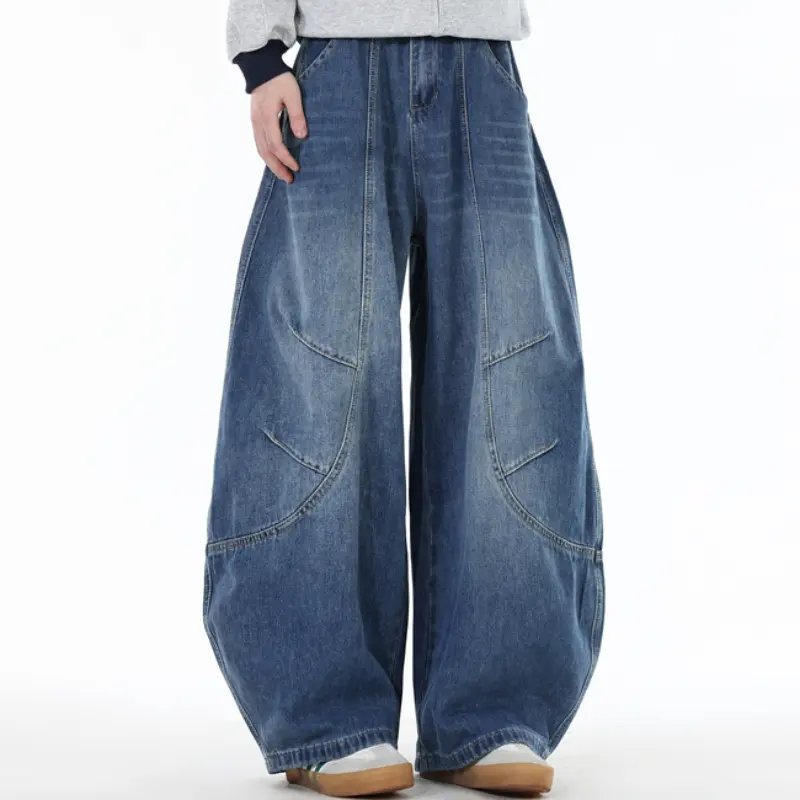 washed oversized balloon denim pants with curved stitching panel design on the leg part, gradient faded shading on thigh area and loose draped silhouette, retro avant-garde street style matching plaid shirts and casual sneakers # sohochic