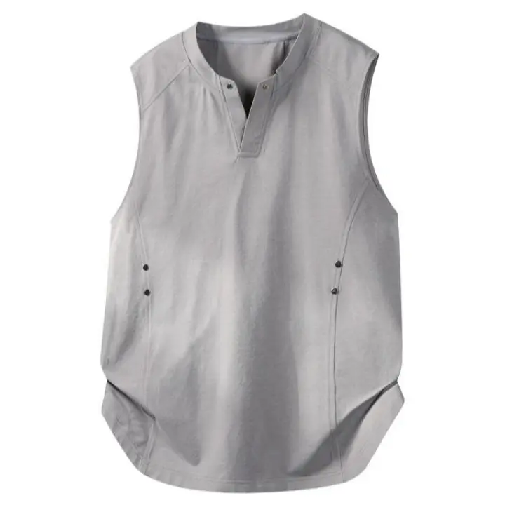 Male Loose-Fitting Athletic Stand Collar Half-Button Sleeveless Tank Top - Side Rivet Drawstring Ruched Quick-Dry Sports Vest, Machine Washable Breathable for Summer Gym, Everyday Wear, V-Neck, Daily