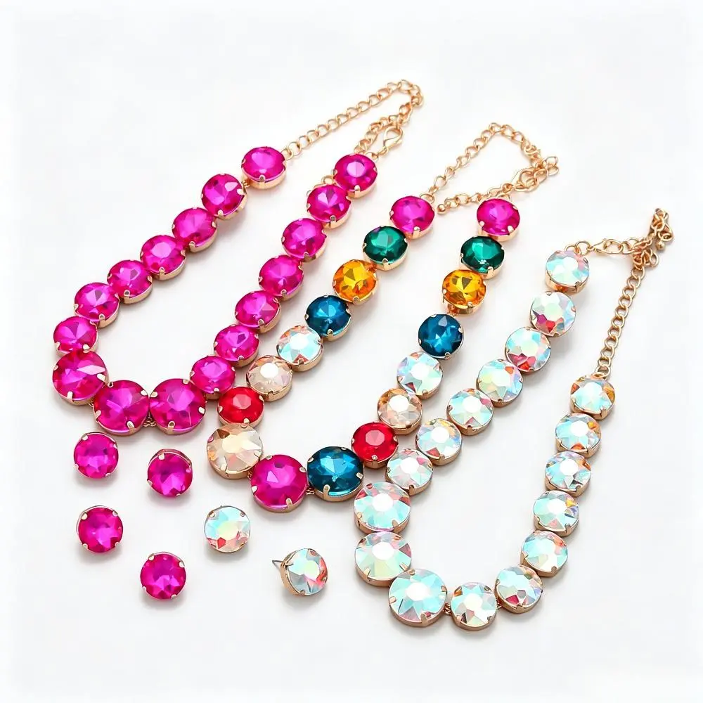 Exaggerated Chunky Design 1-Set Bold Round Glass Diamond Necklace & Earrings (62g), Adult Costume Jewelry for Party, Anniversary, Birthday Statement Looks