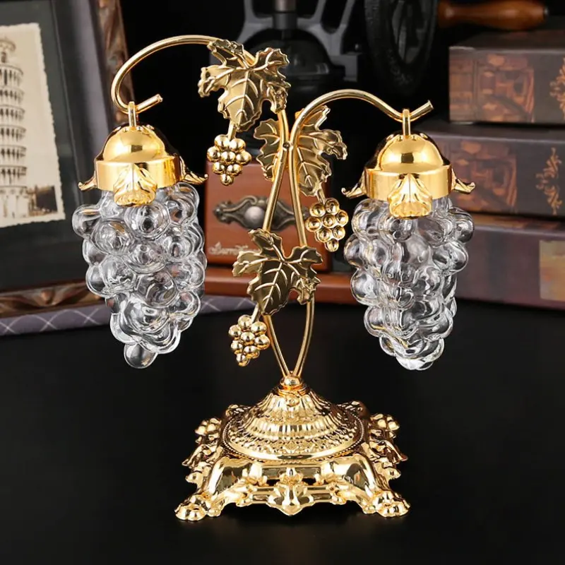 Grape‑Shaped Glass Spice Jar Set with Golden Vine Metal Stand, Stylish Countertop Salt Pepper Storage for Kitchen