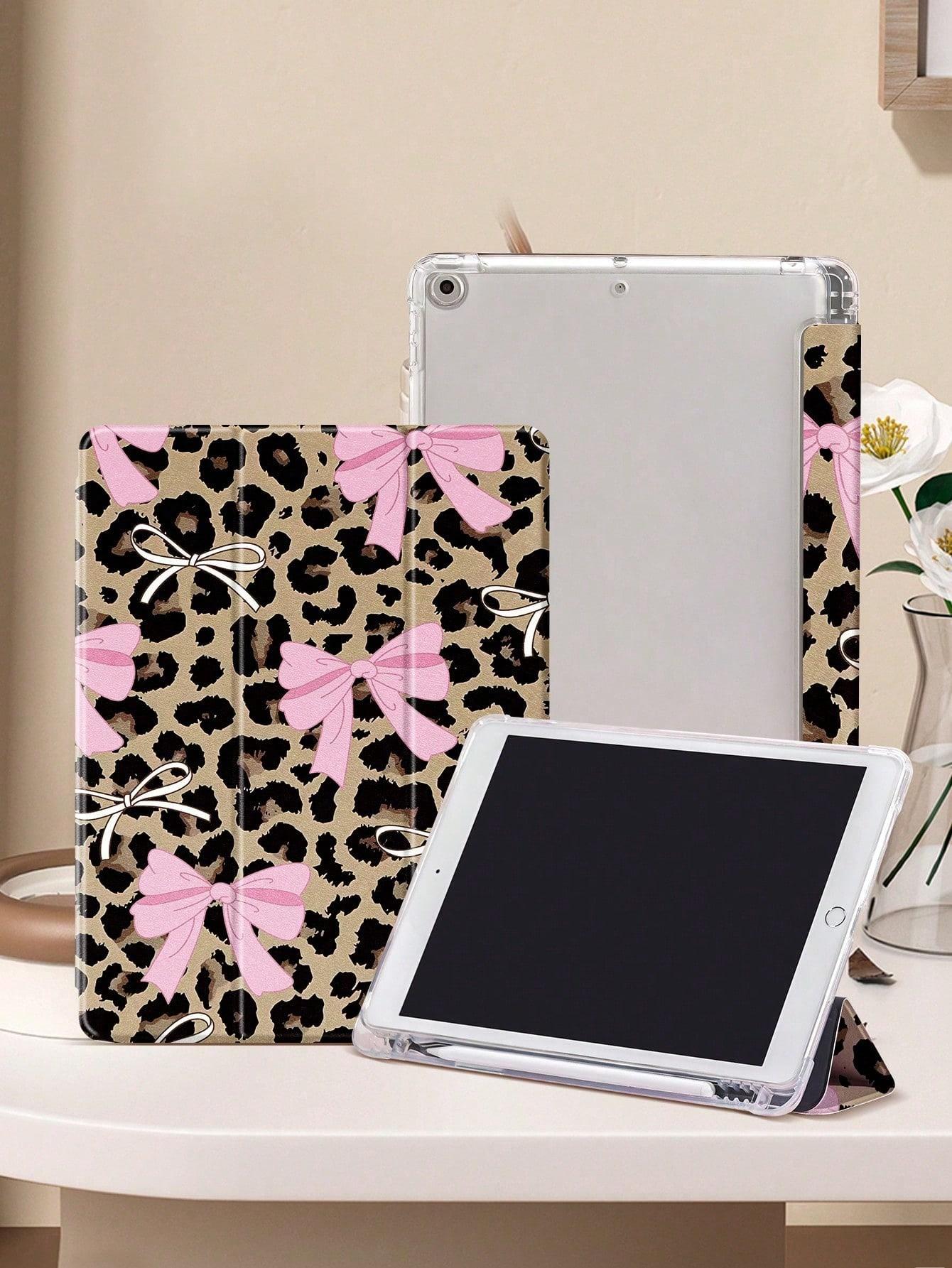 Leopard Bow IPad tablet Case, Compatible with Ipad 10th gen,ipad Mini 4/5/6/7, 2024 air 11inch, 11th 2025, 2019/2020/2021 10.2inch, air 5/6/7, and Samsung A7/A8/A9/S7/S8/S9, Automatic Wake Up/Sleep/built-in Pen Slot, Three-fold Protective Tablet Case