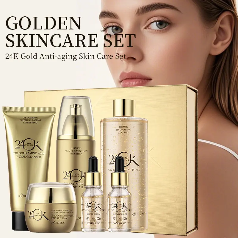 KORMESIC 24K Gold Anti-Aging 6Pcs Skin Care Gift Set, Facial Cleanser Toner Lotion Serum Cream Kit, Gold Leaf Hydrating Firming Minimize Pores Improve Dull Rough Sagging Skin Luxury Golden Facial Care Kit For Daily Use Holiday Gift