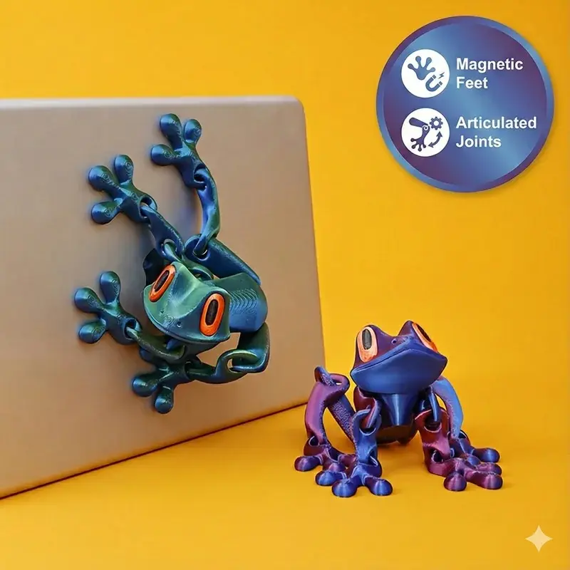1 PCS 3D Printed PLA Plastic Magnetic Articulated Frog Fidget Toy, Metallic Finish Flexi Animal Model, Stress Relief Sensory Gift & Fridge Magnet Desktop Decor