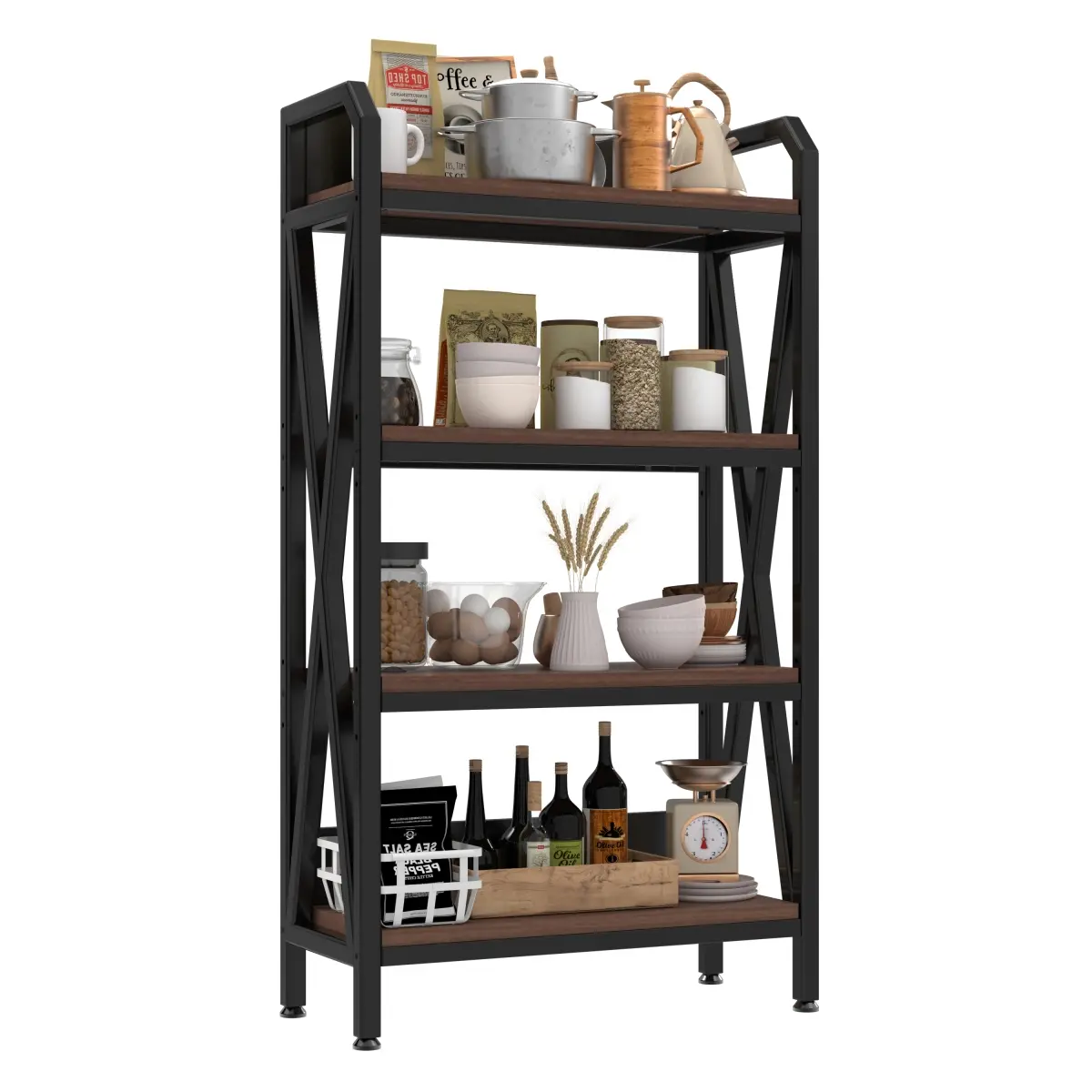 56.30'' Scandinavian Bakers Rack - Metal Wood Storage Shelf, DIY Assembly Kitchen Furniture with 4-Level Shelves, Anti-Slip Edges, Brackets, Screws & Bolts for Playroom, Garage (33.50'' Length), Pots And Pans Organization, Farmhouse