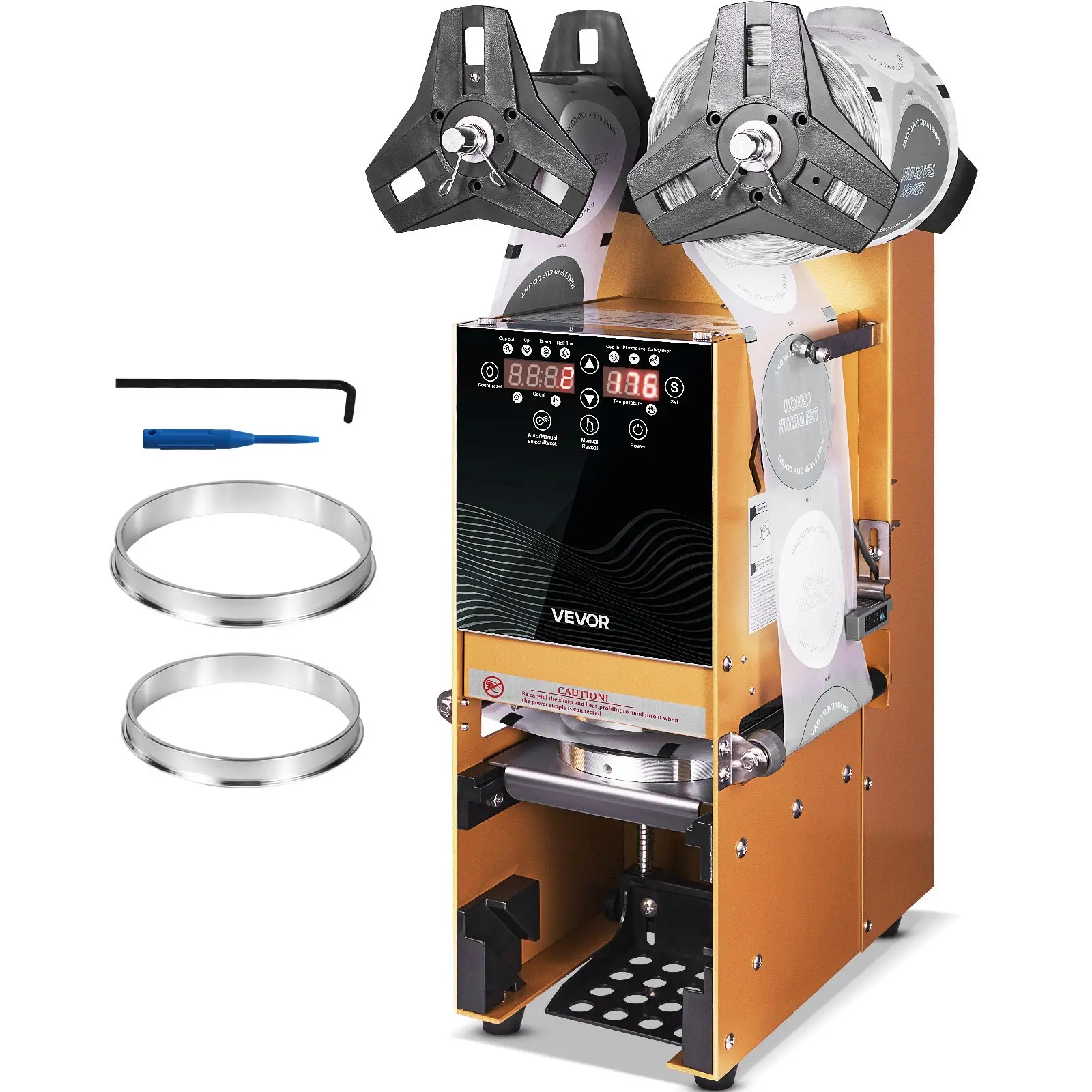 VEVOR Fully Automatic Cup Sealing Machine, 500-650 Cups/H, Cup Sealer Machine for 180 mm Tall 90/95 mm Cup, Electric Boba Tea Sealer with Digital Control LCD Panel for Bubble Milk Tea Coffee, Gold
