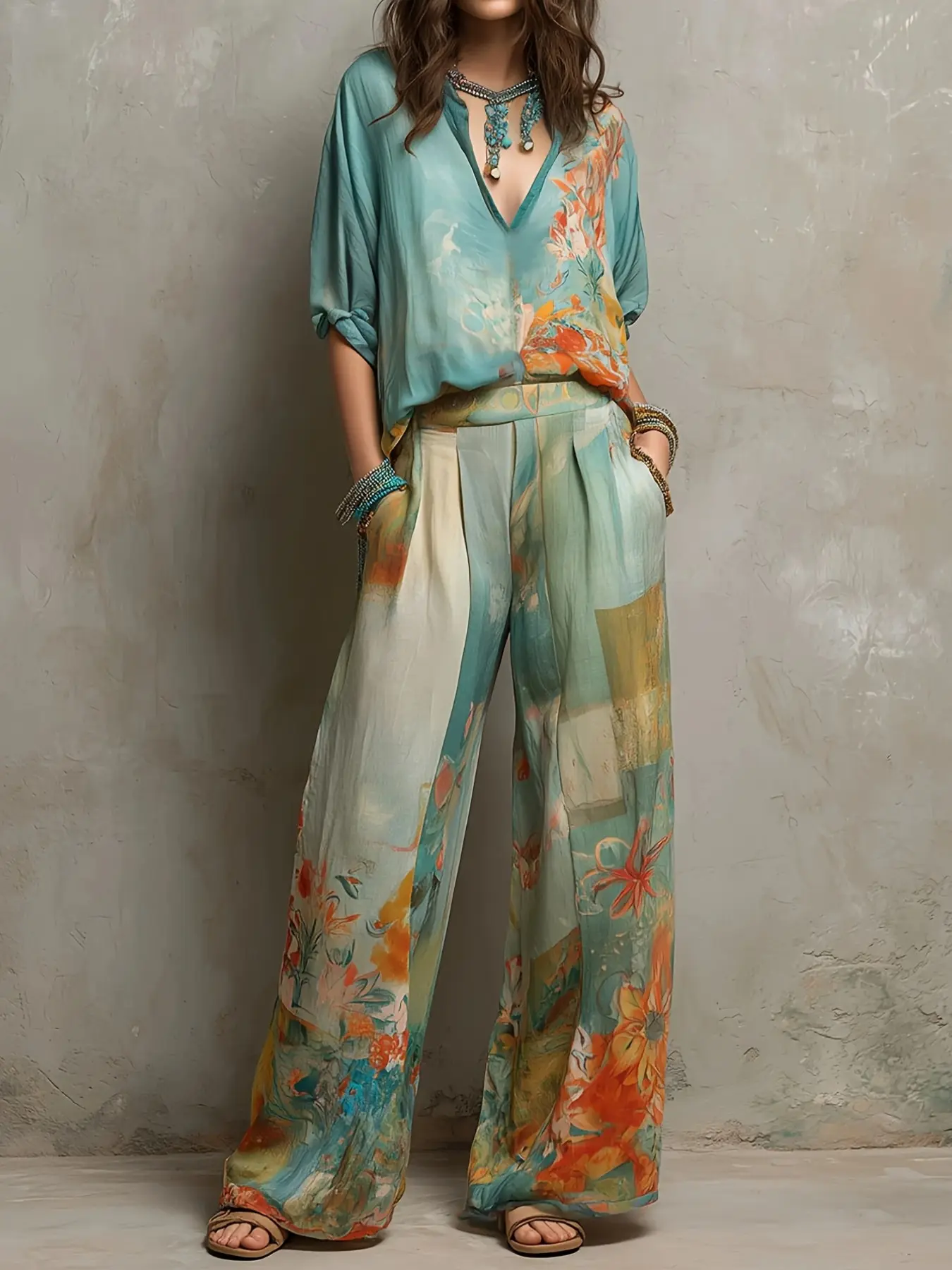 Women's Casual Boho Colorblock Floral Print V Neck Half Sleeve Blouse + Wide Leg Pants Set, Loose-Fitting Floor-Length Suit for All Seasons