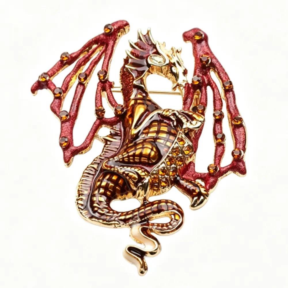 Unisex Mythic Sparkling Dragon Brooch Shiny Gold-Tone Enamel Statement Pin for Fantasy  Daily Wear