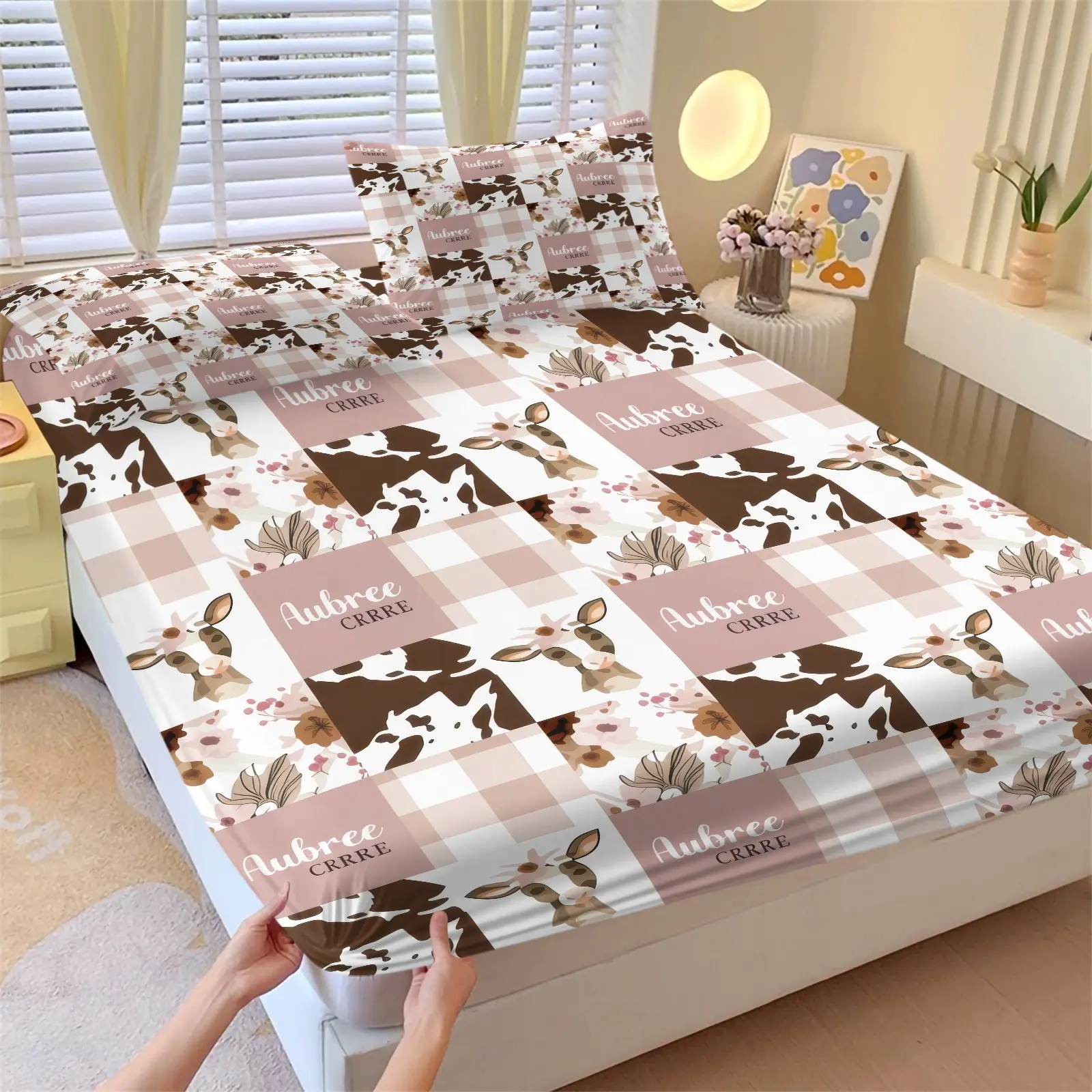 Pink Plaid Cow Floral Patchwork Fitted Sheet Set, 1 Fitted Sheet + 2 Pillowcases 3 Piece, Soft Microfiber Deep Pocket Design, 360° fully wrapped, Farm Country Bedroom Decoration, Gift for Cowgirl Enthusiast