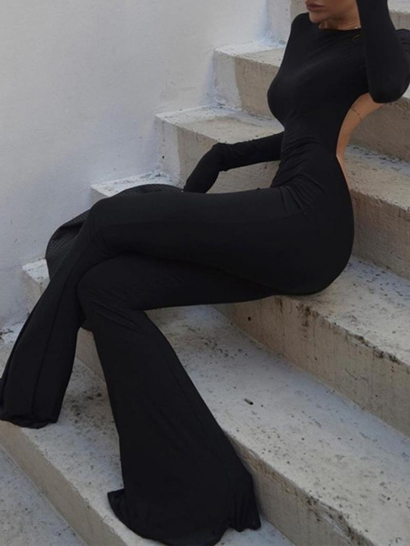 Women's Solid Backless Flare Leg Jumpsuit, Sexy Long Sleeve Round Neck Bell Bottom Jumpsuit For Spring & Fall, Ladies Clothes For Daily Wear